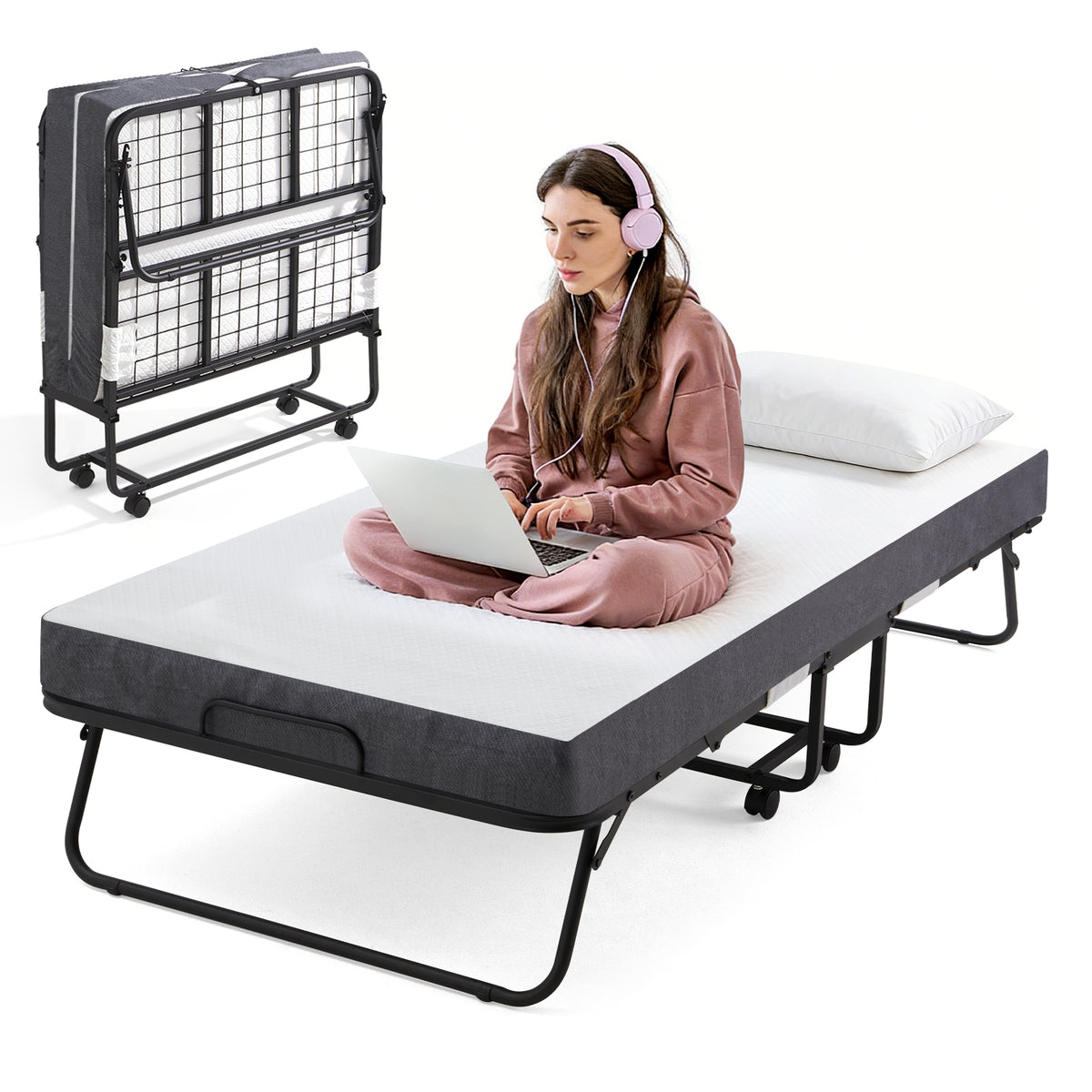 Portable Twin Folding Bed - 75" x 38"/75" x 31" Rollaway Guest Cot with 4.7" Memory Foam Mattress & Sturdy Metal Frame for Adults