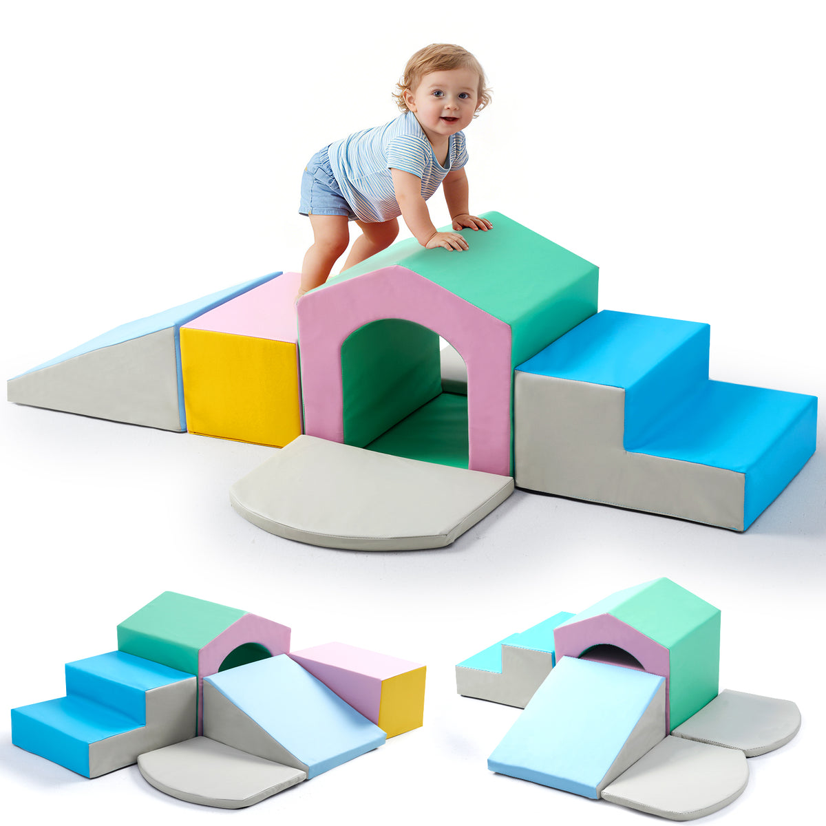 6pcs Soft Climbing Toys for Toddlers PU Leather Gym Climb and Crawl Play Set for Indoor Blue+Green+Yellow/All Blue/Blue+Pink