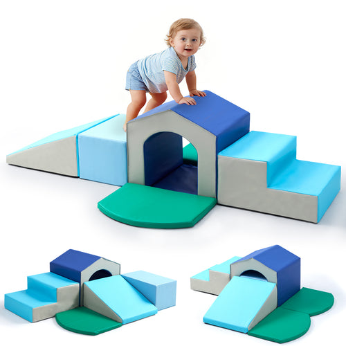 6pcs Soft Climbing Toys for Toddlers PU Leather Gym Climb and Crawl Play Set for Indoor Blue+Green+Yellow/All Blue/Blue+Pink