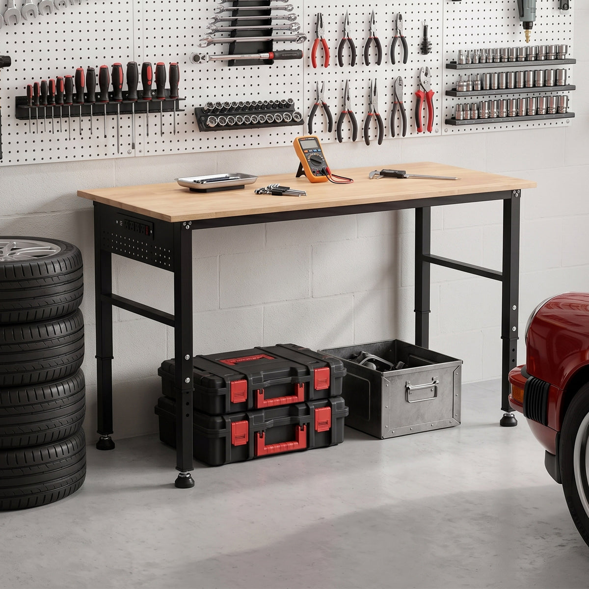 Adjustable Workbench with ETL Certified Power Outlets, 2000 LBS Heavy Duty Rubber Wood Work Bench, 46" x 23.6"/55" x 23.6" Tabletop for Garage, Workshop, Office & Home