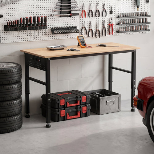 Adjustable Workbench with ETL Certified Power Outlets, 2000 LBS Heavy Duty Rubber Wood Work Bench, 46" x 23.6"/55" x 23.6" Tabletop for Garage, Workshop, Office & Home