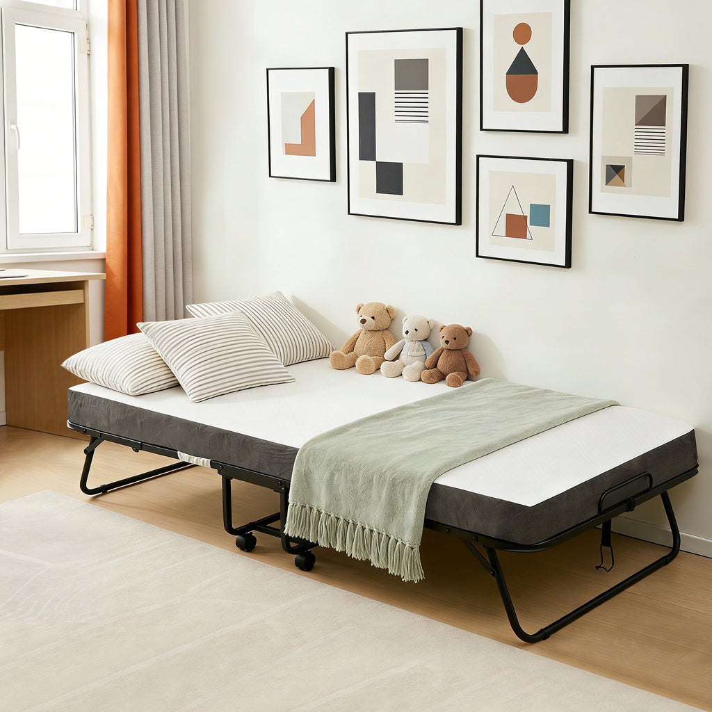 Portable Twin Folding Bed - 75" x 38"/75" x 31" Rollaway Guest Cot with 4.7" Memory Foam Mattress & Sturdy Metal Frame for Adults