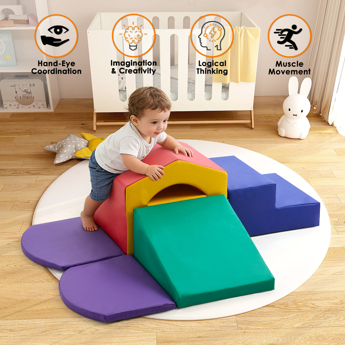 6pcs Soft Climbing Toys for Toddlers PU Leather Gym Climb and Crawl Play Set for Indoor Blue+Green+Yellow/All Blue/Blue+Pink