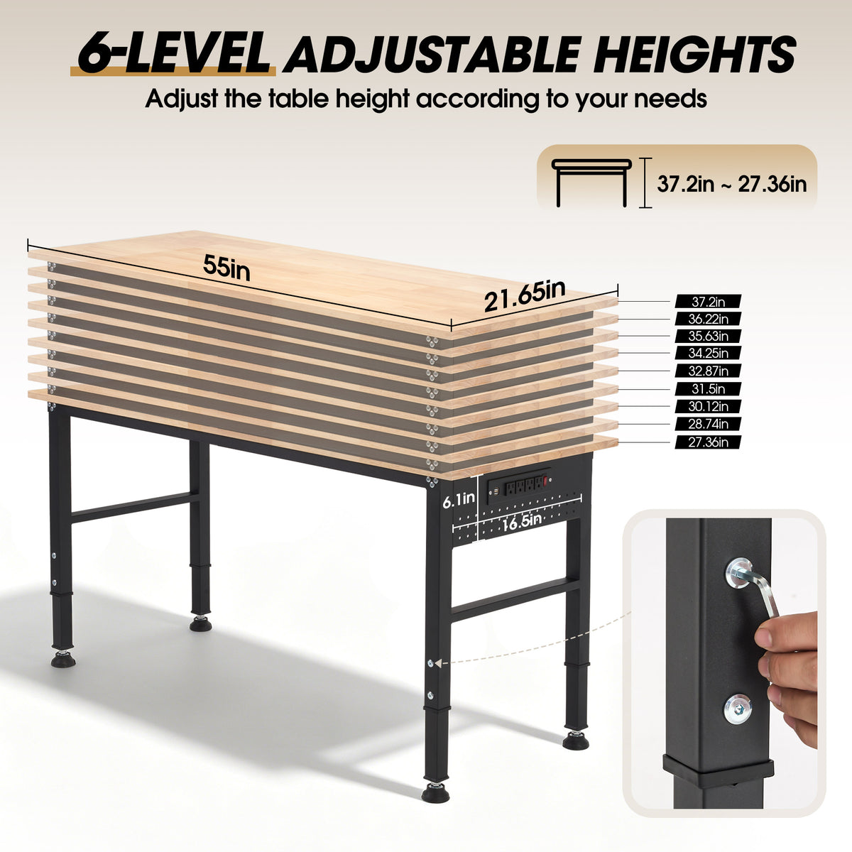 Adjustable Workbench with ETL Certified Power Outlets, 2000 LBS Heavy Duty Rubber Wood Work Bench, 46" x 23.6"/55" x 23.6" Tabletop for Garage, Workshop, Office & Home
