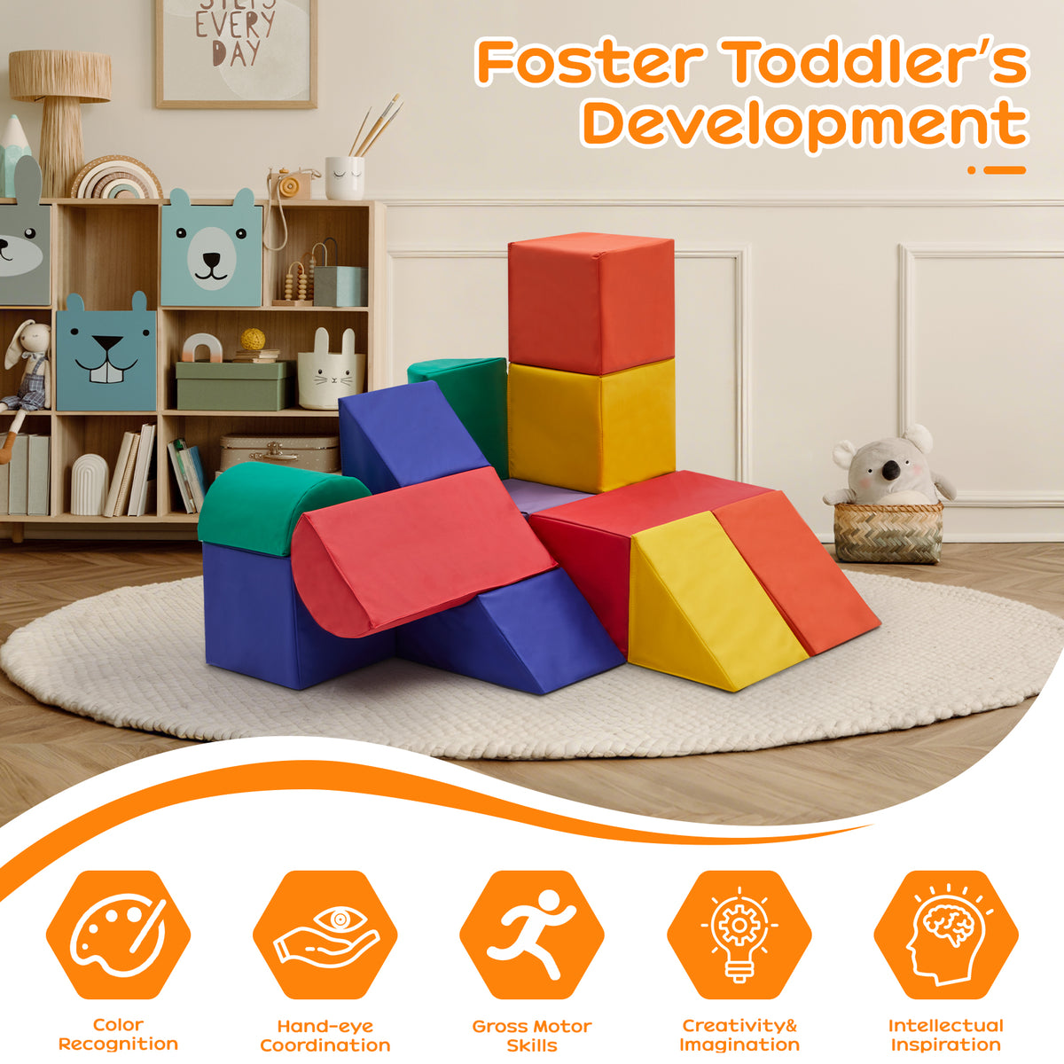 M HI-mat 11-Piece Baby Soft Foam Play Set Colorful Climbing Blocks for Toddlers Climb and Crawl Activity Playset for Aged 1-3 Years Old