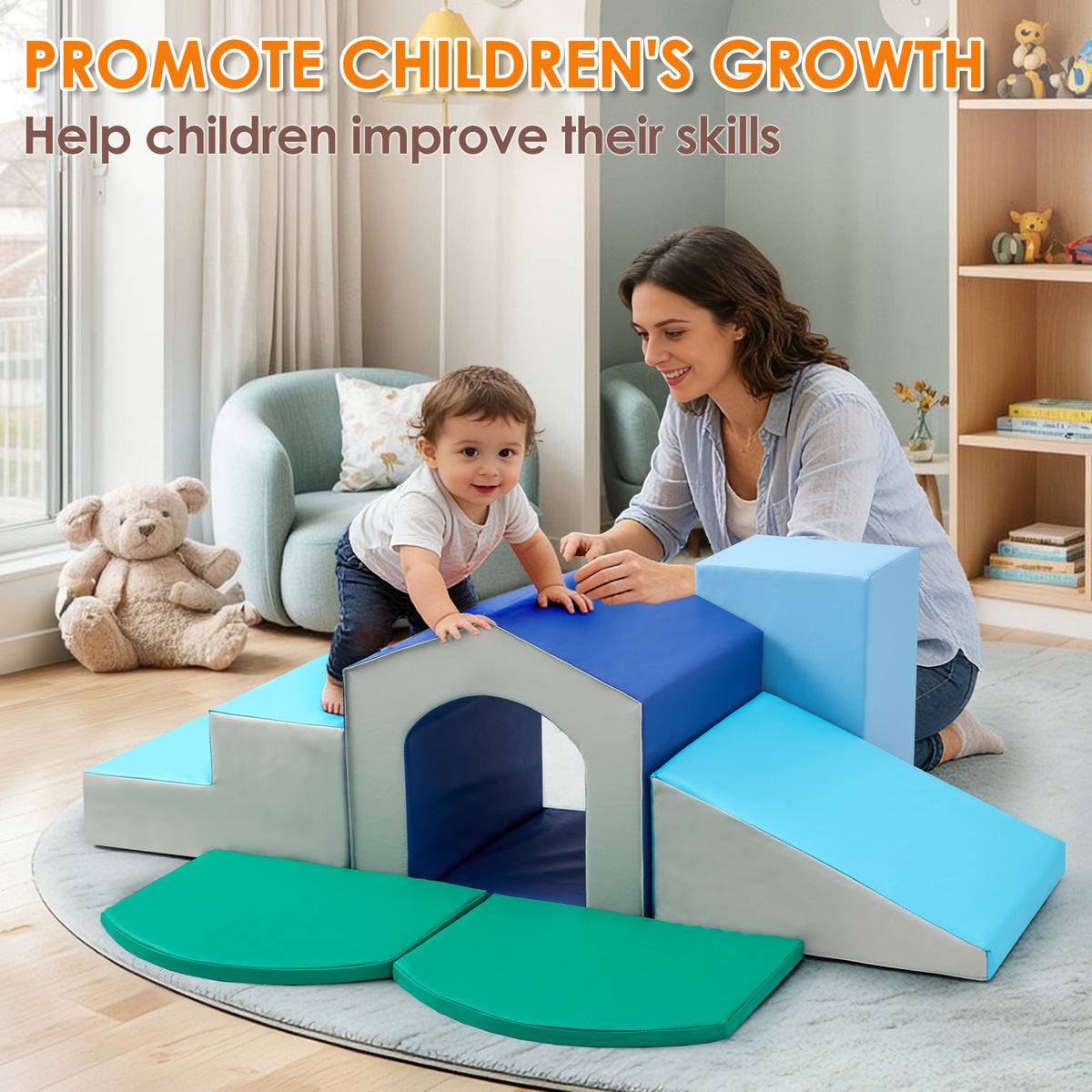 6pcs Soft Climbing Toys for Toddlers PU Leather Gym Climb and Crawl Play Set for Indoor Blue+Green+Yellow/All Blue/Blue+Pink