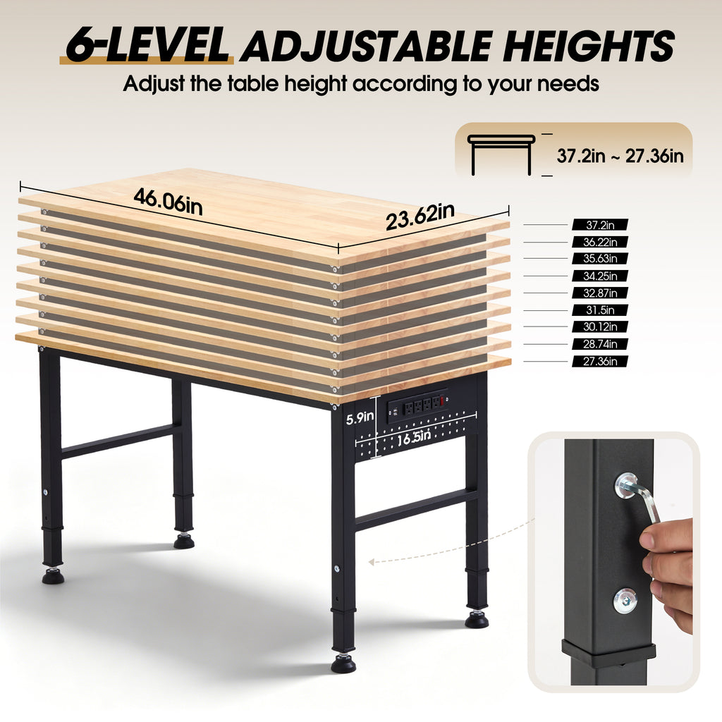 Adjustable Workbench with ETL Certified Power Outlets, 2000 LBS Heavy Duty Rubber Wood Work Bench, 46" x 23.6"/55" x 23.6" Tabletop for Garage, Workshop, Office & Home