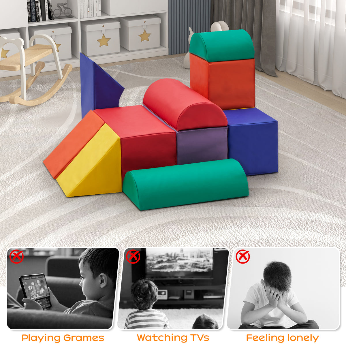 M HI-mat 11-Piece Baby Soft Foam Play Set Colorful Climbing Blocks for Toddlers Climb and Crawl Activity Playset for Aged 1-3 Years Old