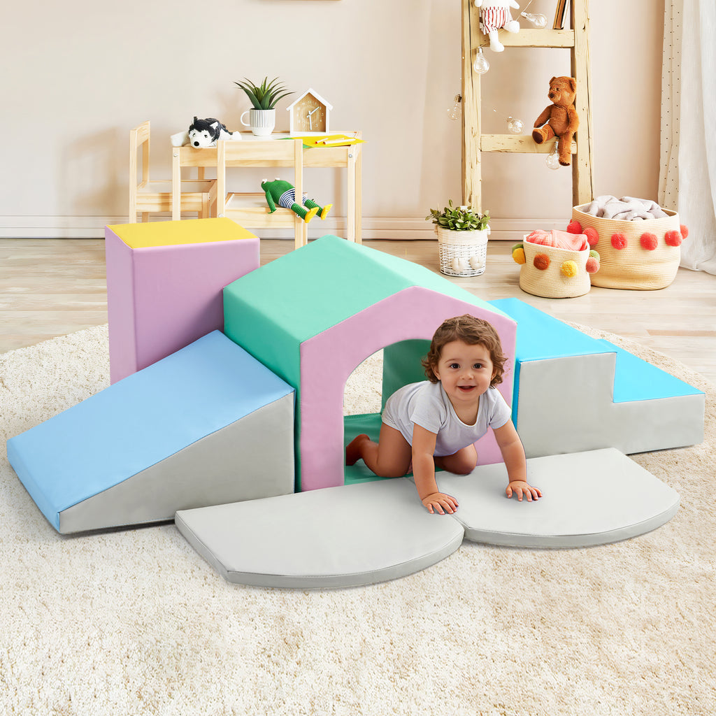 6pcs Soft Climbing Toys for Toddlers PU Leather Gym Climb and Crawl Play Set for Indoor Blue+Green+Yellow/All Blue/Blue+Pink