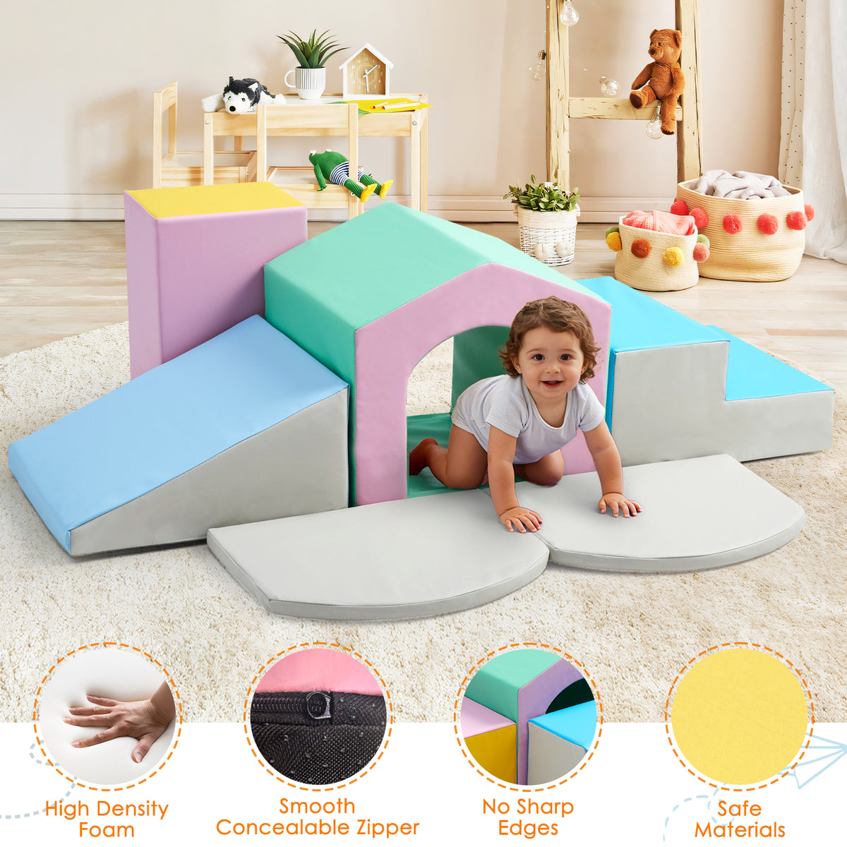 6pcs Soft Climbing Toys for Toddlers PU Leather Gym Climb and Crawl Play Set for Indoor Blue+Green+Yellow/All Blue/Blue+Pink