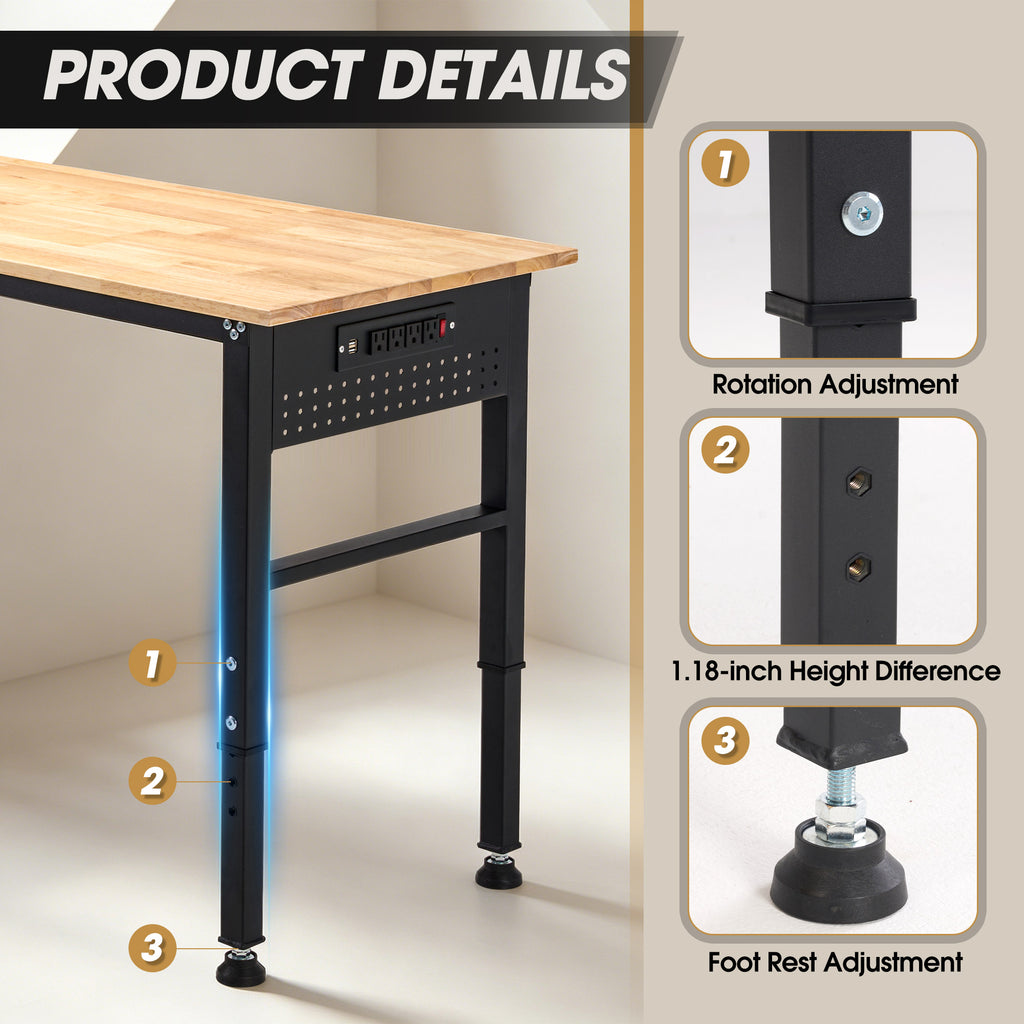Adjustable Workbench with ETL Certified Power Outlets, 2000 LBS Heavy Duty Rubber Wood Work Bench, 46" x 23.6"/55" x 23.6" Tabletop for Garage, Workshop, Office & Home