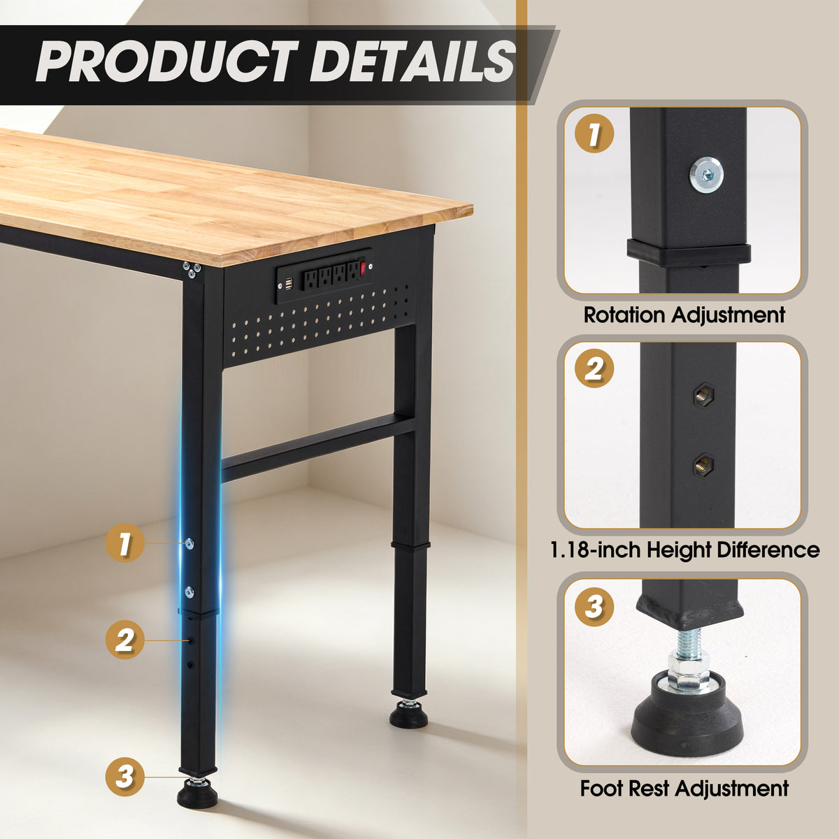 Adjustable Workbench with ETL Certified Power Outlets, 2000 LBS Heavy Duty Rubber Wood Work Bench, 46" x 23.6"/55" x 23.6" Tabletop for Garage, Workshop, Office & Home