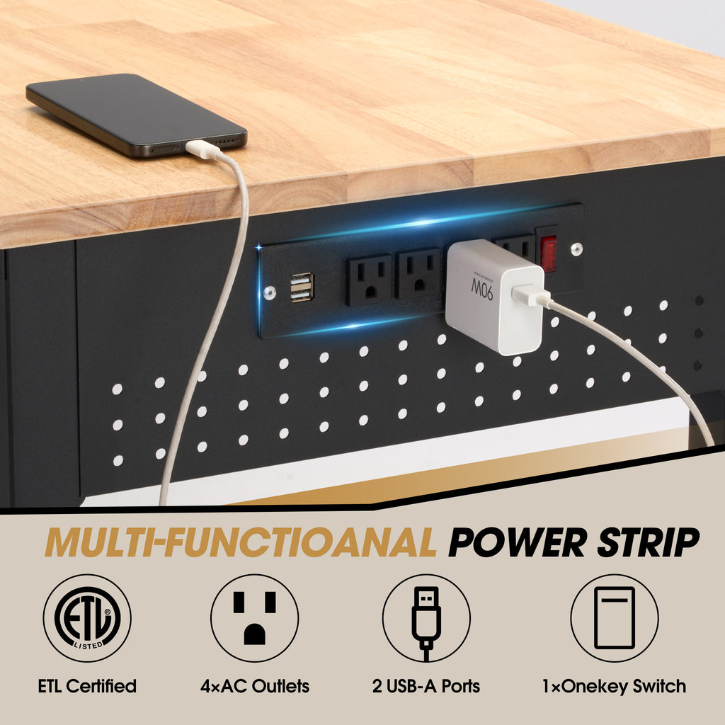 Adjustable Workbench with ETL Certified Power Outlets, 2000 LBS Heavy Duty Rubber Wood Work Bench, 46" x 23.6"/55" x 23.6" Tabletop for Garage, Workshop, Office & Home