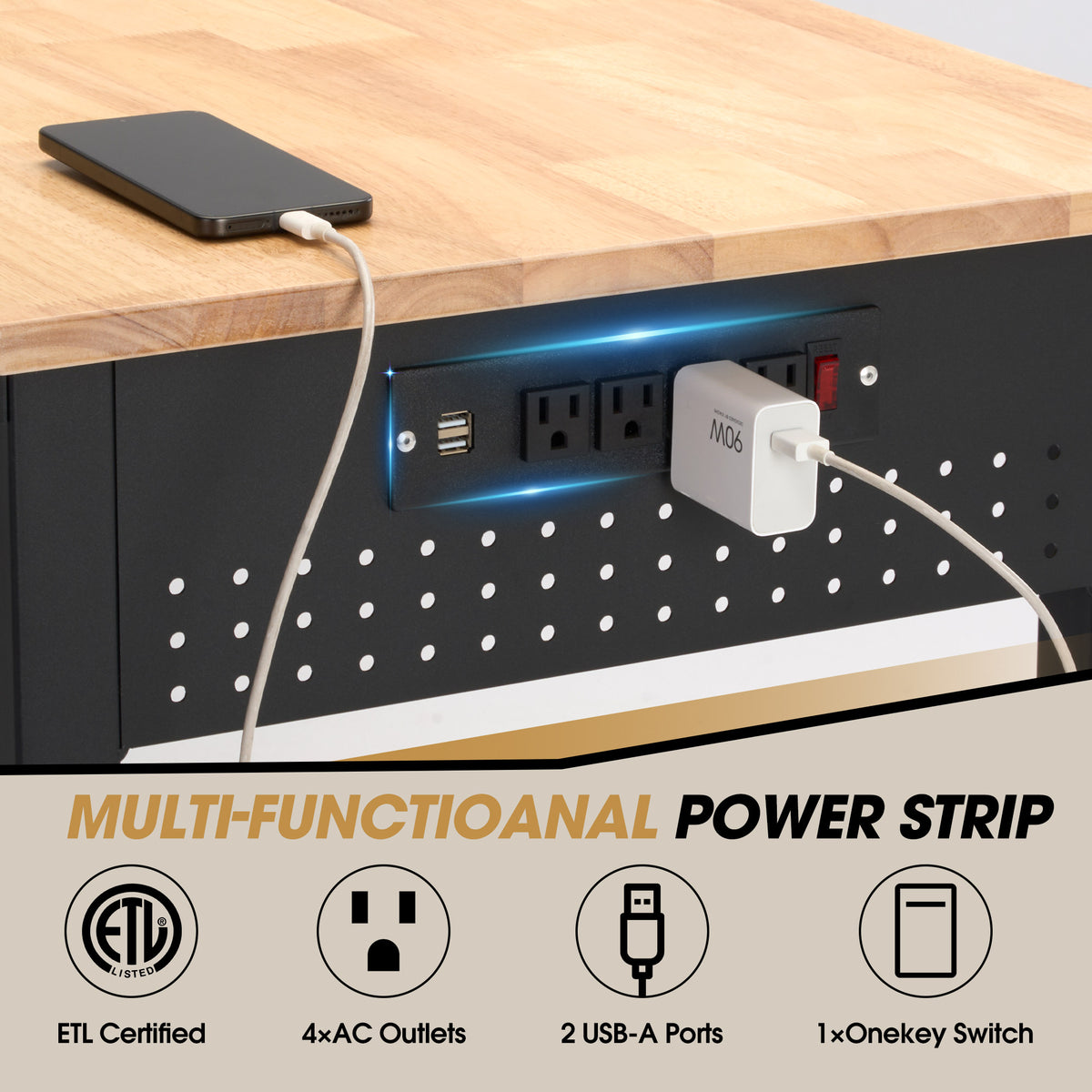 Adjustable Workbench with ETL Certified Power Outlets, 2000 LBS Heavy Duty Rubber Wood Work Bench, 46" x 23.6"/55" x 23.6" Tabletop for Garage, Workshop, Office & Home