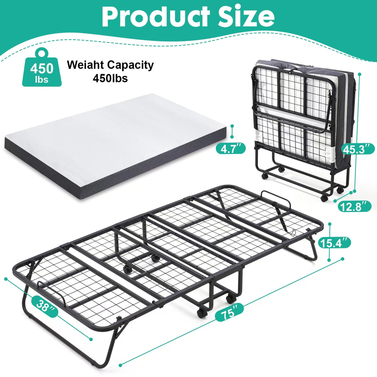 Portable Twin Folding Bed - 75" x 38"/75" x 31" Rollaway Guest Cot with 4.7" Memory Foam Mattress & Sturdy Metal Frame for Adults